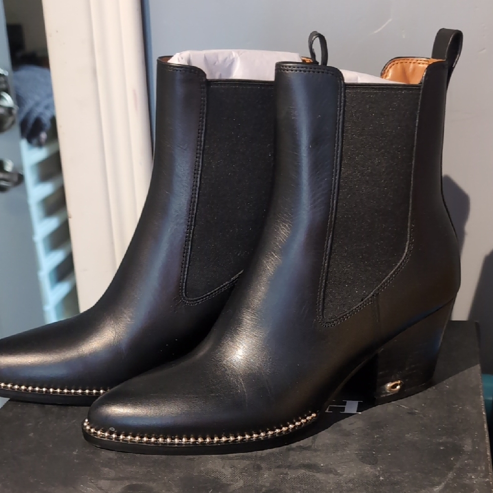 Coach Black Leather Ankle Boots with Stud Accents